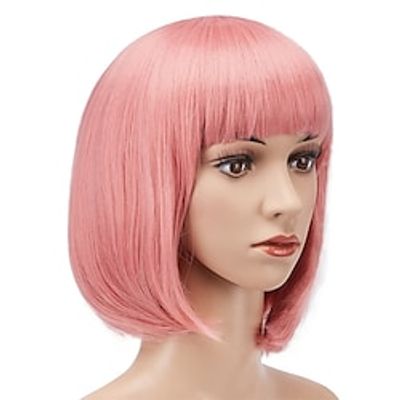 13 Inches Straight Heat Resistant Short Bob Hair Wigs with Flat Bangs for Women Cosplay Daily Party - Pink Lightinthebox