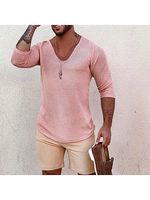 Men's Deep V Neck Breathable Linen Cotton Mid Sleeve T-Shirt