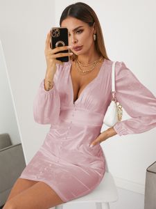 YOINS Front Button V-neck Lantern Sleeves Jacquard Dress