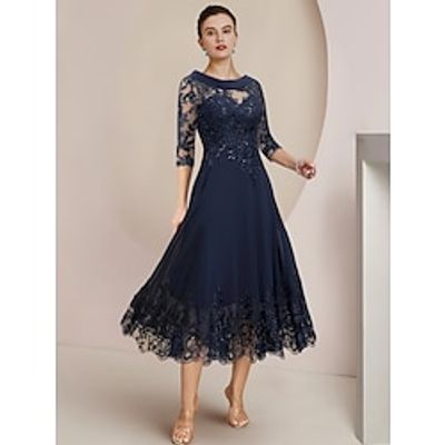 A-Line Mother of the Bride Dress Wedding Guest Elegant Petite Scoop Neck Tea Length Chiffon Lace Half Sleeve with Sequin Ruching Solid Color 2023 Lightinthebox