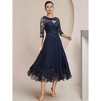 A-Line Mother of the Bride Dress Wedding Guest Elegant Petite Scoop Neck Tea Length Chiffon Lace Half Sleeve with Sequin Ruching Solid Color 2023 Lightinthebox - thumbnail