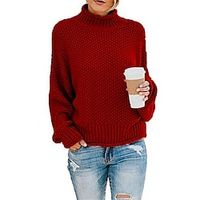 Women's Pullover Sweater Jumper Stand Collar Waffle Knit Acrylic Oversized Fall Winter Regular Outdoor Daily Holiday Streetwear Daily Soft Long Sleeve Solid Color claret Orange red ArmyGreen S M L miniinthebox - thumbnail