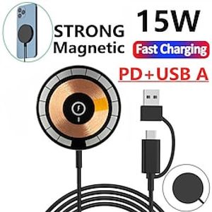 15W Magnetic Wireless Charger Pad  Type C and USB A 2-in-1 For Macsafe iPhone 14 13 12 Pro Max Mini Induction  Fast Wireless Charging Dock Station miniinthebox