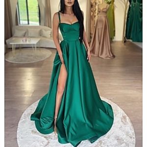 A-Line Prom Dresses High Waisted Dress Formal Wedding Guest Floor Length Sleeveless Scoop Neck Satin with Slit Pocket 2024 Lightinthebox