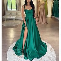 A-Line Prom Dresses High Waisted Dress Formal Wedding Guest Floor Length Sleeveless Scoop Neck Satin with Slit Pocket 2024 Lightinthebox