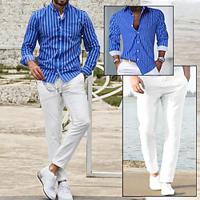 Men's Matching Sets Blue Shirt Button Up Shirt Casual Shirt Trousers Casual Pants Sets Long Sleeve Lapel Casual Daily Streetwear Stripes 2 Piece Polyester Spring Fall Lightinthebox