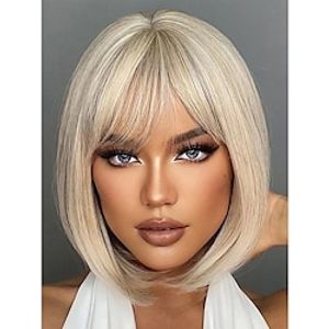 halloween decorations 12 Inch Short Straight Hair Wig for Women, White Gold Synthetic Wigs with Bangs Bob Wigs Daily Use miniinthebox