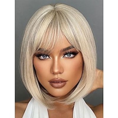 halloween decorations 12 Inch Short Straight Hair Wig for Women, White Gold Synthetic Wigs with Bangs Bob Wigs Daily Use miniinthebox