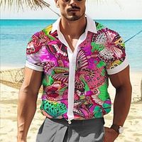 Butterfly Artistic Men's Shirt Outdoor Street Casual Daily Summer Turndown Short Sleeve Yellow Red Fuchsia S M L Shirt Lightinthebox - thumbnail