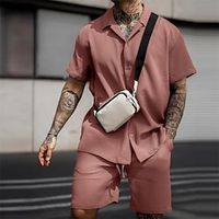 Men's Shirt Set Solid Color Turndown Coffee Black Street Daily Short Sleeve Button-Down Clothing Apparel 2pcs Fashion Casual Comfortable  Summer  Summer Lightinthebox - thumbnail