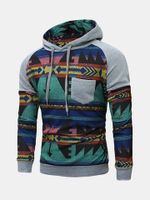 Mens Hoodies Retro Pattern Printing Stitching Front Pocket Casual Sport Hooded Tops