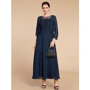 A-Line Mother of the Bride Dress Wedding Guest Elegant Jewel Neck Ankle Length Chiffon Lace Long Sleeve with Ruching Solid Color 2023 Lightinthebox