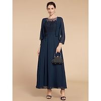 A-Line Mother of the Bride Dress Wedding Guest Elegant Jewel Neck Ankle Length Chiffon Lace Long Sleeve with Ruching Solid Color 2023 Lightinthebox - thumbnail