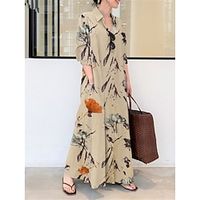 Women's Shirt Dress Casual Dress Cotton Linen Dress Maxi long Dress Linen Cotton Blend Modern Style Daily Weekend Shirt Collar Button Pocket Long Sleeve Summer Spring 2023 Loose Fit Green Apricot Lightinthebox