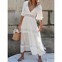 Women's Summer Dress Boho Wedding Guest Dress White Lace Wedding Dress Maxi Dress with Sleeve Vacation Elegant V Neck Half Sleeve White Color Lightinthebox