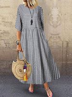 Maternity Plaid Casual Short-sleeved Round Neck Maxi Dress