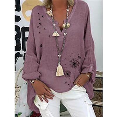 Women's Blouse Shirt Purple Pink Navy Blue Butterfly Dandelion Print Long Sleeve Holiday Weekend Streetwear Casual V Neck Long Linen Loose Fit Floral Butterfly S Lightinthebox