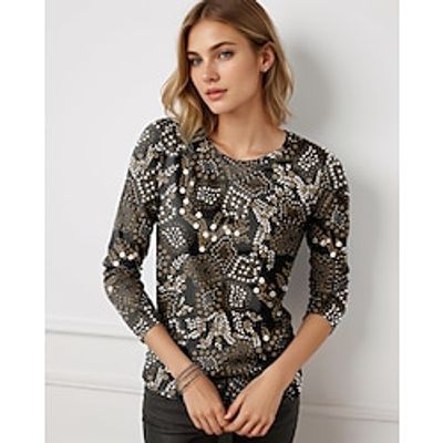 Women's T shirt Tee Graphic Daily Weekend Black Blue Khaki Print Long Sleeve Fashion Round Neck Regular Fit Spring   Fall Lightinthebox