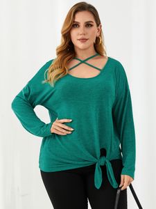 YOINS Plus Size Round Neck Criss-cross Tie-up Design Long Sleeves Tee