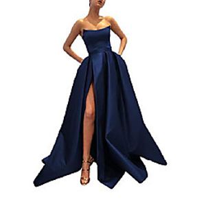 women's a line ruffle satin prom dresses long high slit evening dress sleeveless open back ball gown with pockets navy blue size 12 Lightinthebox