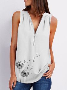 V Neck Dandelion Print Sleeveless Blouse