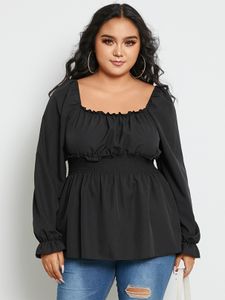 Plus Size Square Neck Shirring Long Sleeves Blouse