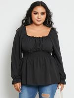 Plus Size Square Neck Shirring Long Sleeves Blouse - thumbnail