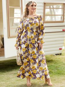 YOINS Plus Size Off The Shoulder Floral Print Long Sleeves Maxi Dress