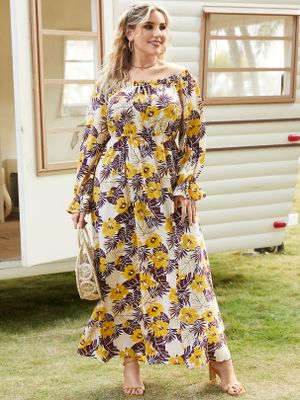 YOINS Plus Size Off The Shoulder Floral Print Long Sleeves Maxi Dress