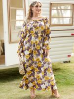 YOINS Plus Size Off The Shoulder Floral Print Long Sleeves Maxi Dress - thumbnail