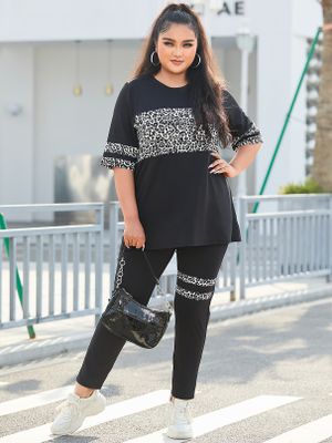 YOINS Plus Size Leopard Striped Short Sleeves Two Piece Outfit YOINS Plus Size Leopard Striped Short Sleeves Two Piece Outfit