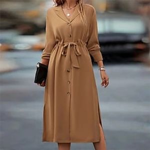 Women's Casual Dress Shirt Dress Midi Dress Brown Long Sleeve Pure Color Button Split Fall Winter Shirt Collar Casual Mature 2022 S M L XL XXL 3XL Lightinthebox