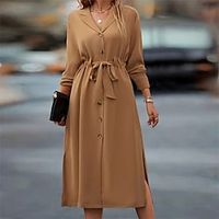 Women's Casual Dress Shirt Dress Midi Dress Brown Long Sleeve Pure Color Button Split Fall Winter Shirt Collar Casual Mature 2022 S M L XL XXL 3XL Lightinthebox - thumbnail