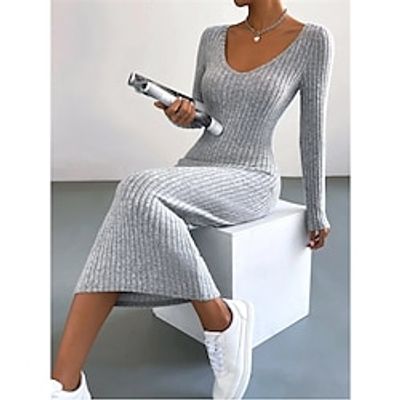 Women's Casual Dress Bodycon Sheath Dress Midi Dress Ribbed Street Date Streetwear V Neck Long Sleeve Regular Fit Black Light Grey Dark Grey Color S M L XL Size Lightinthebox