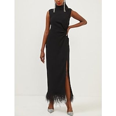 Sheath  Column Evening Gown Black Dress Elegant Dress Formal Ankle Length Sleeveless High Neck Stretch Fabric with Feather Slit 2023 Lightinthebox