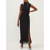 Sheath  Column Evening Gown Black Dress Elegant Dress Formal Ankle Length Sleeveless High Neck Stretch Fabric with Feather Slit 2023 Lightinthebox - thumbnail