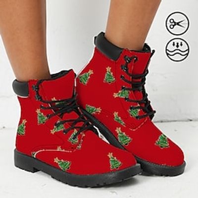 Women's Boots Print Shoes Xmas Shoes Combat Boots Outdoor Christmas Xmas Star Christmas Tree Booties Ankle Boots Winter Flat Heel Round Toe Closed Toe Fashion Casual Faux Leather Lace-up Black Pink Lightinthebox