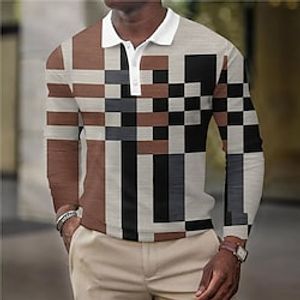 Men's Collar Polo Shirt Golf Shirt Plaid Turndown Khaki 3D Print Street Casual Long Sleeve Button-Down Print Clothing Apparel Fashion Designer Casual Breathable Lightinthebox