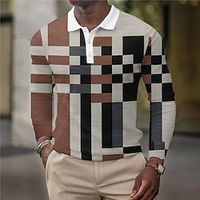 Men's Collar Polo Shirt Golf Shirt Plaid Turndown Khaki 3D Print Street Casual Long Sleeve Button-Down Print Clothing Apparel Fashion Designer Casual Breathable Lightinthebox - thumbnail