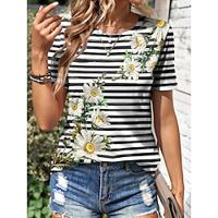 Women's T shirt Tee Floral Striped Daily Weekend Black Print Short Sleeve Fashion Crew Neck Regular Fit Summer Lightinthebox