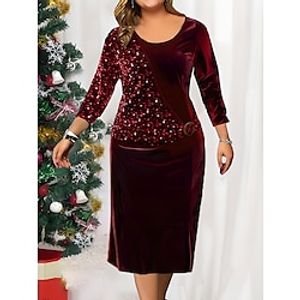 Women's Plus Size Curve Party Dress Velvet Dress Sequin Dress Plain Midi Dress 34 Length Sleeve Crew Neck Fashion Party Wine Fall Winter L XL XXL 3XL 4XL Lightinthebox