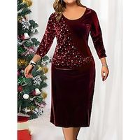 Women's Plus Size Curve Party Dress Velvet Dress Sequin Dress Plain Midi Dress 34 Length Sleeve Crew Neck Fashion Party Wine Fall Winter L XL XXL 3XL 4XL Lightinthebox - thumbnail