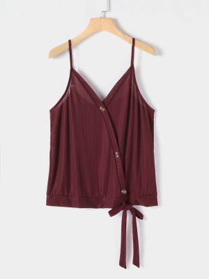 Button Wrap Tie Up Design V-neck Sleeveless Chiffon Cami Button Wrap Tie Up Design V-neck Sleeveless Chiffon Cami