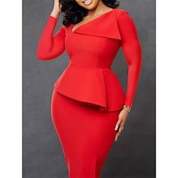 Women's Party Dress Work Dress New Year's Eve Dress Bodycon Midi Dress Yellow Pink Red Long Sleeve Ruffle Spring Fall Winter V Neck Winter Dress Office Lightinthebox - thumbnail