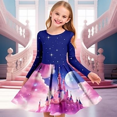 Carnival Girls' 3D Castle Dress Pink Long Sleeve 3D Print Spring Fall Sports  Outdoor Daily Holiday Cute Casual Beautiful Kids 3-12 Years Casual Dress A Line Dress Above Knee Polyester Regular Fit Lightinthebox