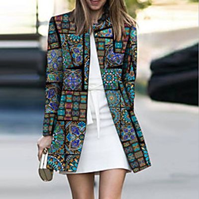 Women's Coat Street Daily Going out Fall Winter Regular Coat Regular Fit Warm Breathable Casual Jacket Long Sleeve Color Block Print Green miniinthebox