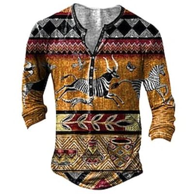 Men's Henley Shirt Tee T shirt Tee 3D Print Graphic Tribal Animal Plus Size Henley Daily Sports Button-Down Print Long Sleeve Tops Basic Classic Comfortable Big and Tall Yellow miniinthebox