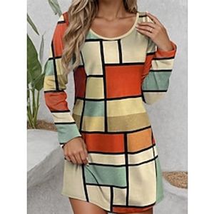 Women's Plaid Dress Casual Dress Geometric Plaid Print Crew Neck Mini Dress Streetwear Street Holiday Long Sleeve Loose Fit Wine Blue Orange Spring S M L XL 2XL Lightinthebox