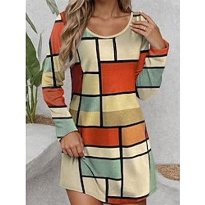 Women's Plaid Dress Casual Dress Geometric Plaid Print Crew Neck Mini Dress Streetwear Street Holiday Long Sleeve Loose Fit Wine Blue Orange Spring S M L XL 2XL Lightinthebox