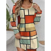 Women's Plaid Dress Casual Dress Geometric Plaid Print Crew Neck Mini Dress Streetwear Street Holiday Long Sleeve Loose Fit Wine Blue Orange Spring S M L XL 2XL Lightinthebox - thumbnail
